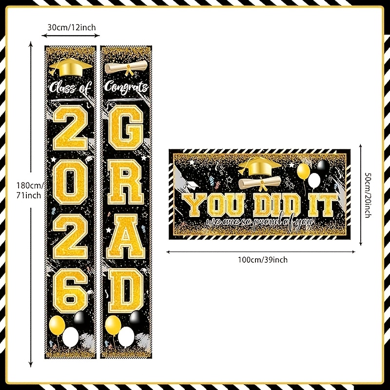 Party Banner Gold - 2D 3 Stuks 2026 Afstudeer Banners,
